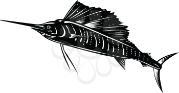 Retro woodcut style illustration of an Atlantic sailfish or Indo-Pacific sailfish, a fish of genus istiophorus of billfish, jumping up viewed from side isolated background done in black and white.