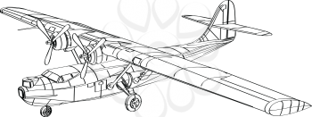 Line drawing illustration of the Consolidated PBY Catalina, a flying boat, patrol bomber and amphibious aircraft that was produced in the 1930s and 1940 done in monoline style black and white.