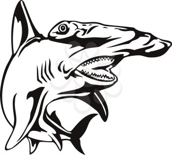 Retro woodcut style illustration of a scalloped hammerhead Sphyrna lewini, a species of hammerhead shark, and part of the family Sphyrnidaeon viewed from front isolated background in black and white.