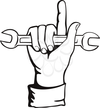 Retro style illustration of a mechanic hand holding a spanner or wrench tool with index finger or forefinger pointing up on isolated background done in black and white.