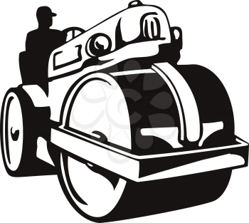 Retro woodcut style illustration of a vintage road roller, roller-compactor or steamroller, a compactor-type engineering vehicle used  in road construction on isolated background in black and white.