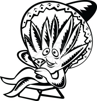 Retro woodcut style illustration of an Agave, genus of the family Asparagaceae, native to Mexico, wearing Mexican sombrero, sitting and sipping martini on isolated background done in black and white.