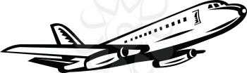 Retro black and white style illustration of a jumbo passenger jet airplane or airliner taking off viewed from side on isolated background.