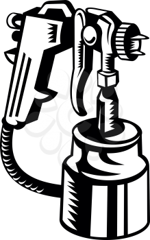 Retro black and white style illustration of a vintage heavy duty multi-purpose air paint spray gun on isolated background.