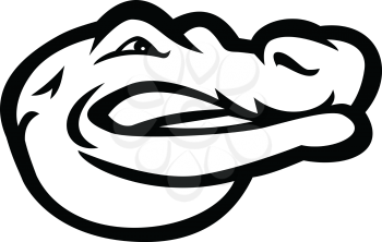 Black and white mascot illustration of head of an alligator, gator, crocodile or croc viewed and looking from side on isolated background in retro style.