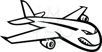 Black and white mascot illustration of an angry wide-body commercial jet airliner and cargo aircraft flying in full flight viewed from side on isolated background in retro style.