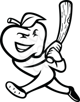 Black and white mascot illustration of an apple, a sweet, edible fruit produced by apple trees,  as baseball player batting with baseball bat viewed from side on isolated background in retro style.