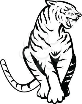 Retro woodcut black and white style illustration of an angry Bengal tiger growling and sitting viewed from front on isolated background done in retro style.