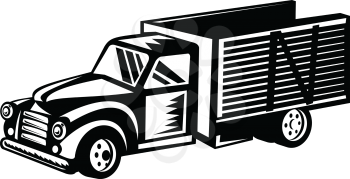 Retro woodcut black and white style illustration of a vintage classic American pickup truck with wood side rails viewed from side on high angle on isolated background.