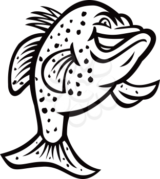 Black and white illustration of a crappie, croppie, papermouths, strawberry bass, speckled bass, specks, speckled perch, crappie bass or calico bass, standing up done in retro style.