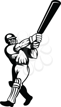 Retro black and white style illustration of a cricket player or batsman with bat batting viewed from side on isolated background.