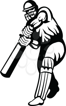 Retro black and white style illustration of a cricket player or batsman with bat batting viewed from front on isolated background.