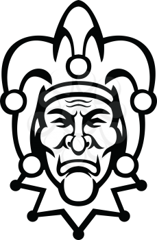 Black and white mascot illustration of head of a jester, court jester, or fool, historically an entertainer during the medieval and Renaissance eras viewed from front on isolated background in retro style.