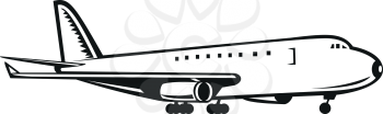Illustration of a commercial jumbo jet plane airliner landing viewed from side on isolated background done in retro black and white style.