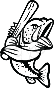 Black and white mascot illustration of a largemouth bass, bucketmouth or bigmouth bass with baseball bat batting viewed from side on isolated background in retro style.