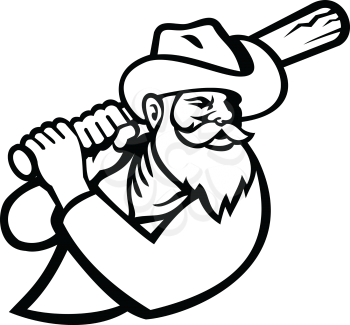 Black and white mascot illustration of head of a miner or cowboy baseball player with bat batting viewed from side on isolated background in retro style.