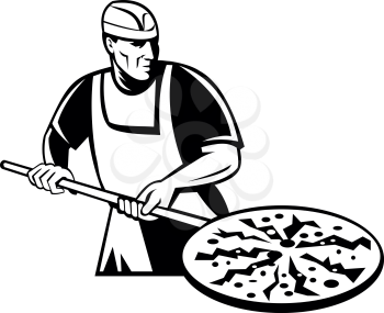 Black and white illustration of a pizza pie maker or baker holding a peel with pizza pie into a brick oven viewed from front done in retro style on isolated white background.