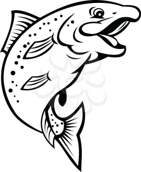 Cartoon style illustration of a happy rainbow trout or salmon fish jumping up on isolated white background in black and white.