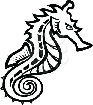 Black and white illustration of a seahorse, sea-horse or sea horse, a small marine fish in the genus Hippocampus viewed from side on isolated background in retro style.