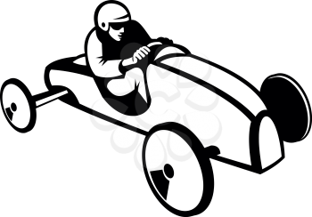 Retro black and white style illustration of a soap box derby or soapbox car racer racing in competition viewed from side on isolated white background.