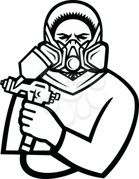 Black and white mascot illustration of an Industrial Spray Painter holding spray paint and wearing mask or paint respirator viewed from front on isolated background in retro style.