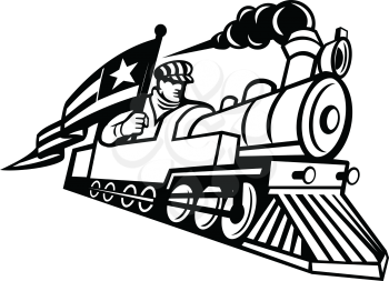 Black and white mascot illustration of a vintage steam locomotive or train with a train driver, engineer or mechanic holding an American stars and stripes flag done in retro style.