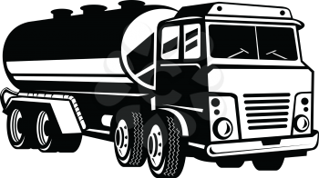 Retro woodcut black and white style illustration of a tank truck, gas truck, fuel truck or tanker truck, a motor vehicle designed to carry liquids or gases viewed from front on isolated background.