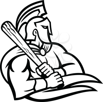 Black and white mascot illustration of head of a Trojan or Spartan warrior wearing a helmet and holding a baseball bat viewed from side on isolated background in retro style.