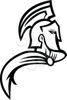 Black and white mascot illustration of bust of a Trojan or Spartan warrior wearing a helmet and flowing cape viewed from side on isolated background in retro style.