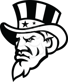 Black and white mascot illustration of head of Uncle Sam wearing a top hat with USA American stars and stripes viewed from side on isolated background in retro style.