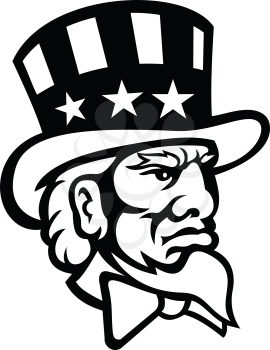 Black and white mascot illustration of head of Uncle Sam, a popular symbol of the US government in American culture and patriotism, wearing top hat with USA flag viewed from side done retro style.