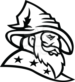 Black and white Mascot illustration of head of a wizard, warlock, magician or sorcerer with three stars on his cloak or robe viewed from side on isolated background in retro style.