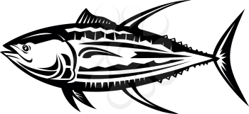 Retro black and white style illustration of a yellowfin tuna Thunnus albacares or ahi, a species of tuna found in pelagic waters of subtropical oceans viewed from side on isolated white background.