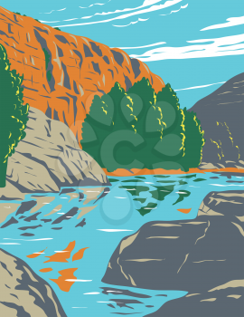 WPA poster art of Agua Fria National Monument, centered around a deep Agua Fria River canyon on the border of Sonoran Desert in Arizona in works project administration or federal art project style.