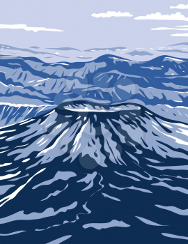 WPA poster art of the Aniakchak National Monument and Preserve showing the Aniakchak volcano on the Aleutian Range of south-western Alaska in works project administration or federal art project style.