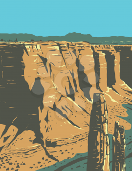 WPA poster art of the Spider Rock, a sandstone spire in Canyon de Chelly National Monument on Navajo tribal lands in Arizona United States in works project administration or Federal Art Project style.
