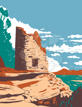 WPA poster art of the Painted Hand Pueblo in Canyon of the Ancients National Monument in southwest Colorado, United States in works project administration or Federal Art Project style.