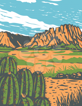 WPA poster art of the Chihuahuan Desert, a desert covering parts of Big Bend National Park in Mexico and southwestern United States done in works project or administration federal art project style.