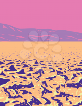 WPA poster art of spiky salt mounds known as the Devil�s Golf Course in Death Valley National Park located in California�Nevada border USA in works project administration or federal art project style.