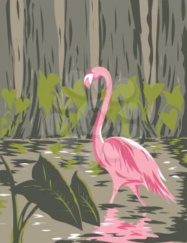WPA poster art of a flamingo in the wetlands, swamps and marshes of the Everglades National Park in Florida United States in works project administration or federal art project style.