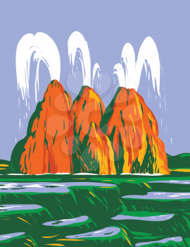 WPA poster art of the Fly Geyser or Fly Ranch Geyser, a small colorful geothermal geyser located in Washoe County, Nevada, done in works project administration or federal art project style.