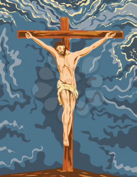 WPA poster art of the crucified Jesus Christ on the cross during his crucifixion done in works project administration or federal art project style.
