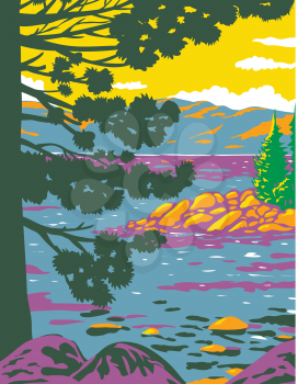 WPA poster art of Emerald Bay, Lake Tahoe, a large freshwater lake in the Sierra Nevada Mountains located in California and Nevada done in works project administration or federal art project style.