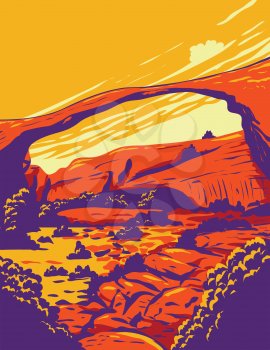 WPA poster art of the Landscape Arch, the longest of the many natural rock arches located in Arches National Park, Utah United States done in works project administration or federal art project style.