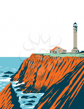 WPA poster art of the Point Arena Lighthouse in Mendocino County located in California Coastal National Monument coast of California done in works project administration or Federal Art Project style.