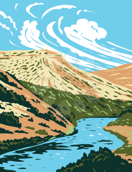 WPA poster art of the Rio Grande, a principal river in the United States and Mexico that begins in Colorado and flows to Gulf of Mexico in works project administration or federal art project style.