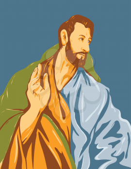 WPA Poster Art Interpretation of the artwork of 16th century Spanish Renaissance artist, El Greco entitled Saint Thomas the Apostle circa 1608 done in Works Project Administration Style.