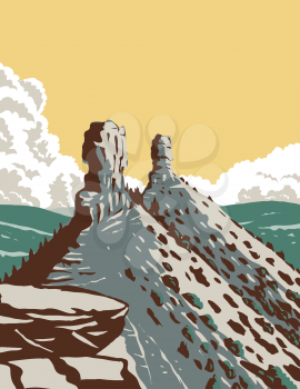 WPA poster art of the Chimney Rock National Monument in San Juan National Forest in southwestern Colorado which includes an archaeological site done in works project administration style.