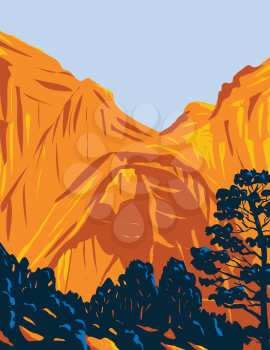 WPA poster art of the El Malpais National Monument located in western New Mexico done in works project administration style or federal art project style.