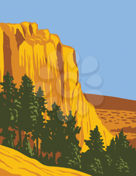 WPA poster art of the sandstone bluff of El Morro National Monument in Cibola County, New Mexico, United States done in works project administration style style or federal art project style.